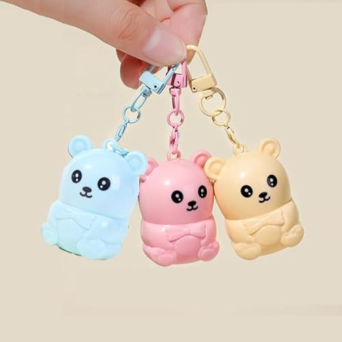 ADMD CUTE BEAR LIP BALM KEYCHAIN 3-PACK - STRAWBERRY, BLUEBERRY, HONEY FLAVORED, MOISTURIZING & PORTABLE LIP CARE FOR GIRLS WOMEN - Image 1